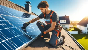 certified electrician installing a solar panel on a residential roof - solar energy