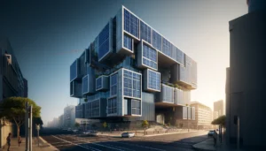 futuristic building with integrated photovoltaic panels on its facade - solar energy