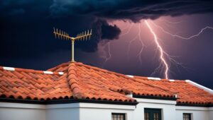 electrical safety tips from cape town electrician - lightning rod on a home, with storm clouds