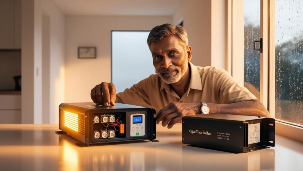 Solar PV Systems and Electrical Fault Finding Tips for Autumn electrical fault finding & solar pv systems - electrician inspecting a solar inverter inside a modern home