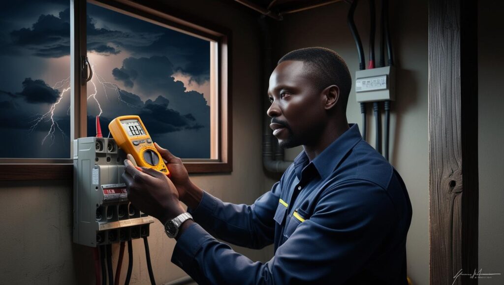 solar pv system - electrical fault finding - electrician using a multimeter to inspect a damp electrical distribution board