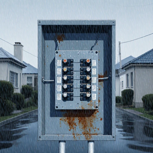 fault finding - rusty electrial distribution board in front of a home during late winter rains