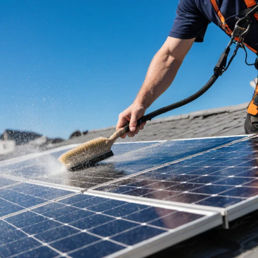 solar panel installation - electrician cleaning dusty solar panels on rooftop