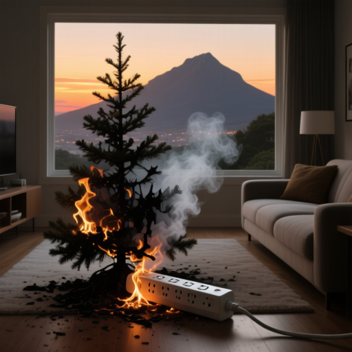 electrical installations - charred Christmas tree plugged into overheated multi-plug extension