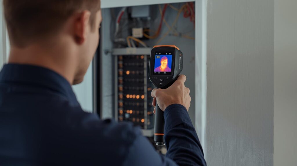 electrical fault finding - electrician using a thermal camera to scan a distribution board