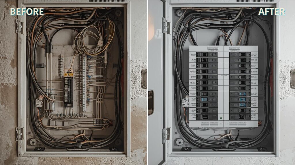 before and after of an electrical distribution board upgrade