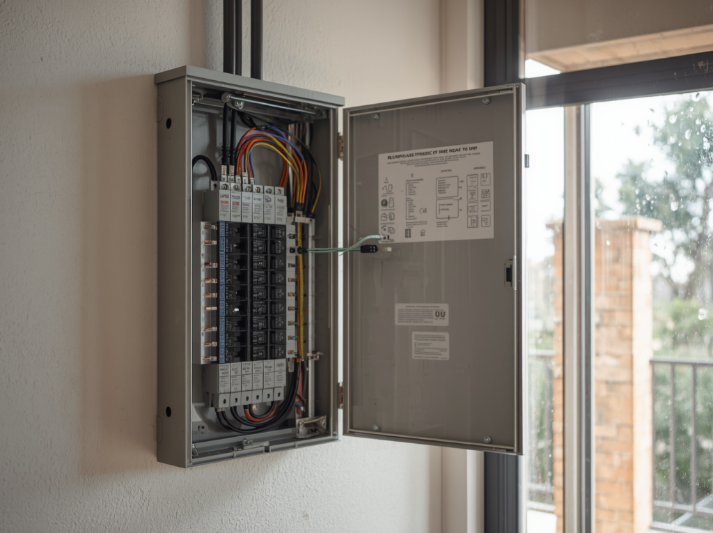 open electrical distribution board mounted on a wall