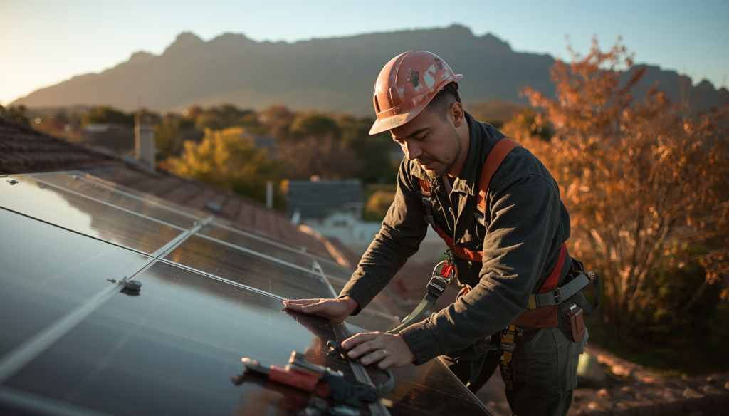 solar pv system - electrician installing solar panels on a rooftop