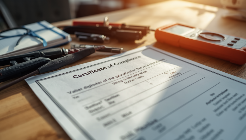 electrical contractor in Cape Town - Certificate of Compliance document next to professional electrical wiring tools