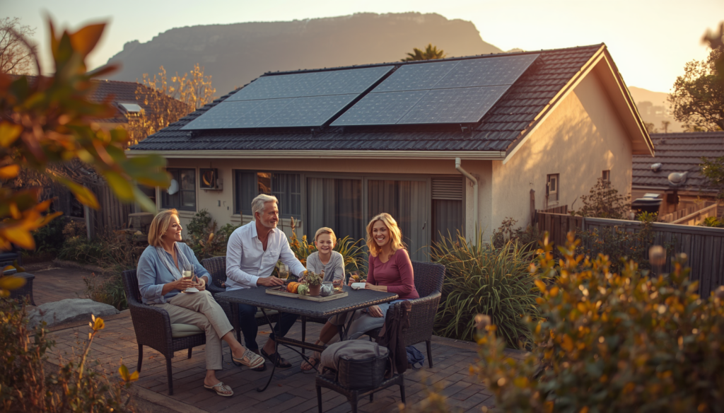 solar pv system - family relaxing with modern solar panels clearly visible on the roof