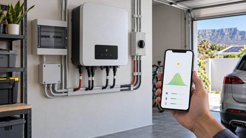 Wall-mounted solar PV system inverter in a Cape Town garage with a phone showing an energy graph