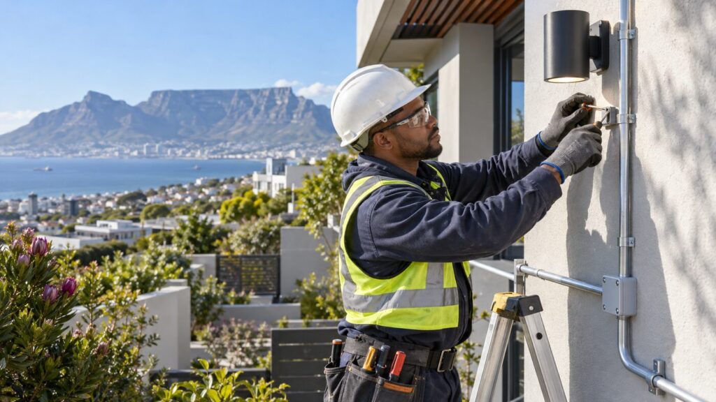 Electrician installing weatherproof outdoor lighting and conduit, electrical wiring upgrade in a Cape Town spring