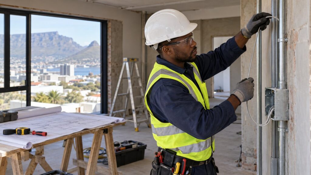 Electrician running electrical wiring cable along metal conduit in a building under construction, with Table Mountain in the background