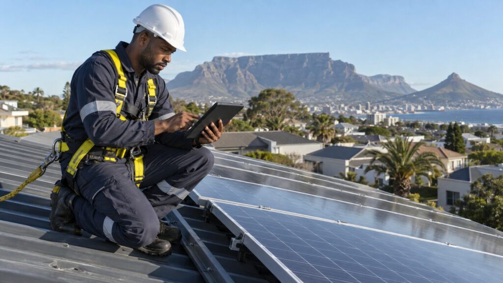 Solar technician in a safety harness checking rooftop solar PV system connections in Cape Town