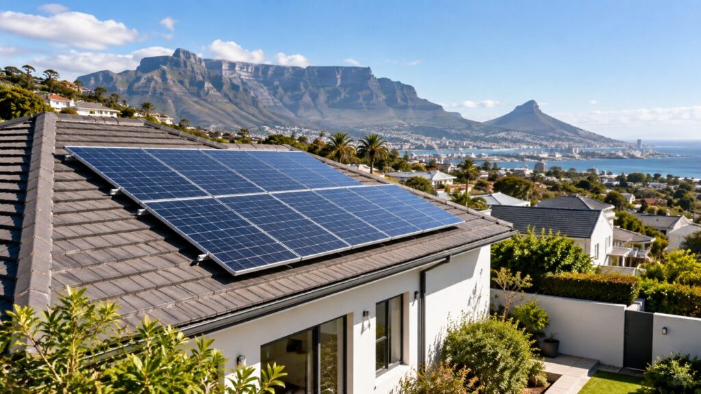 Cape Town suburban rooftop with a clean solar PV system under spring sunlight