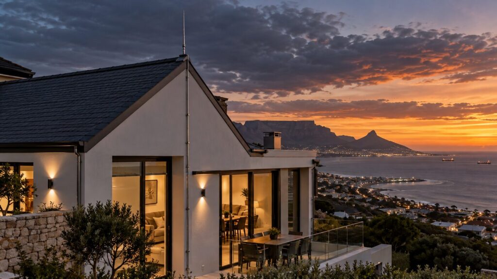 Cape Town house with a lightning protection air terminal and down conductor, an example of lightning protection and earthing