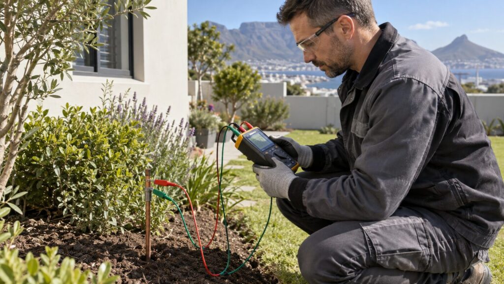 Electrician testing earth resistance of an earth rod, part of lightning protection and earthing checks