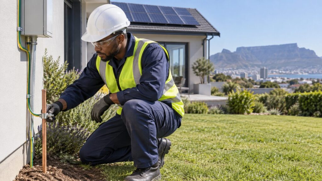 Electrician inspecting an earthing rod and bonding conductors outside a Cape Town home