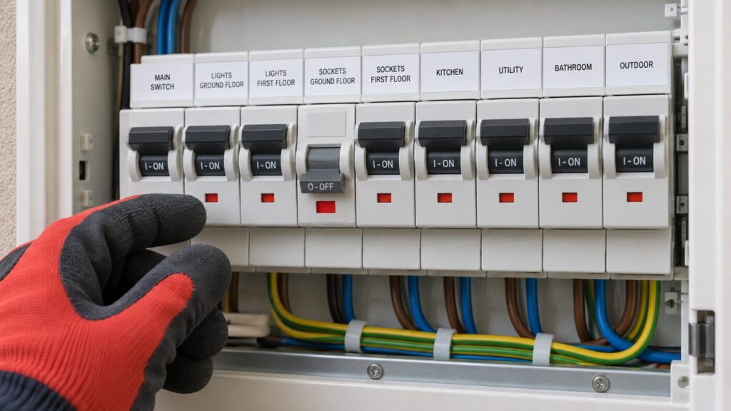 Distribution board with one tripped breaker, an example of electrical fault finding