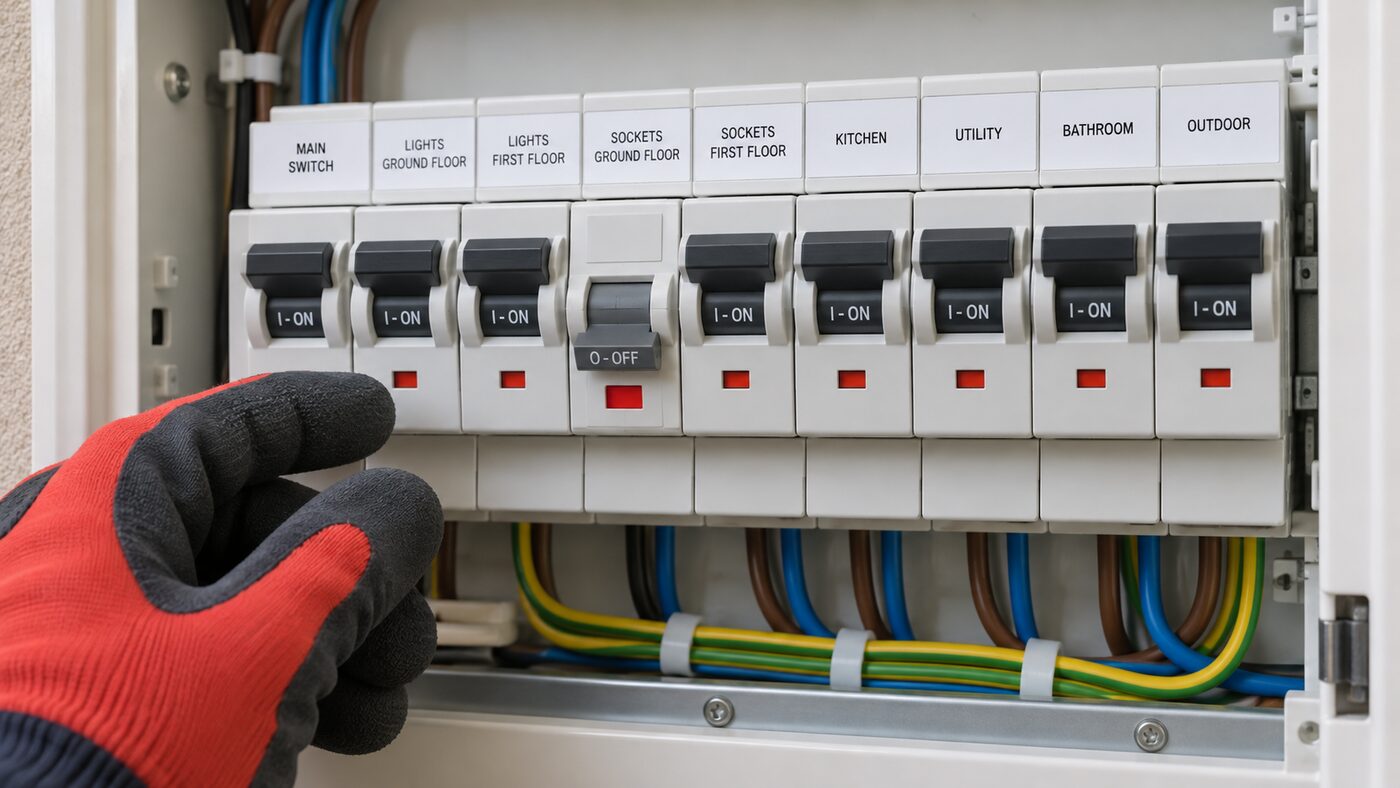 Distribution board with one tripped breaker, an example of electrical fault finding