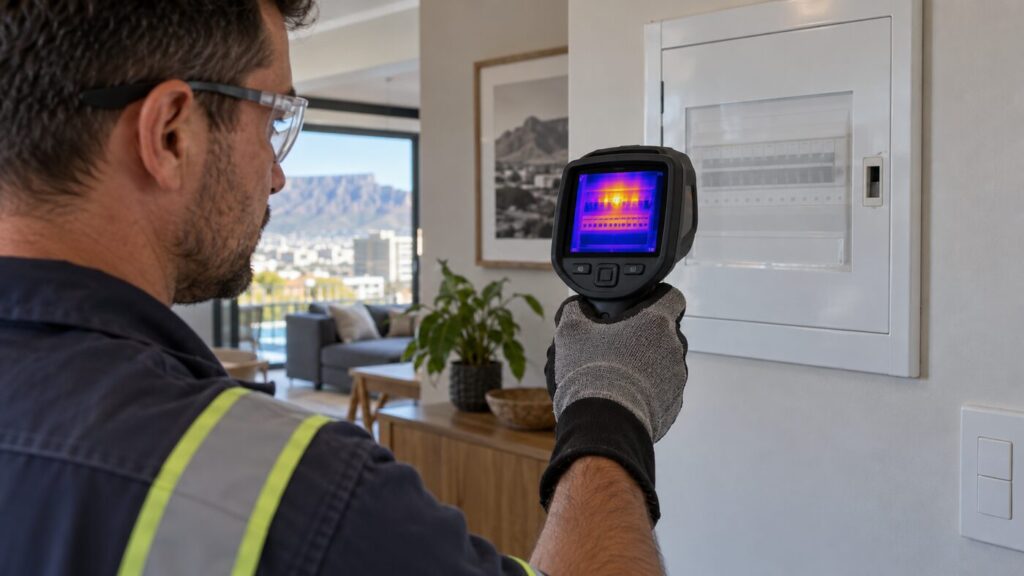 Electrician using a thermal imaging camera for electrical fault finding on a distribution board